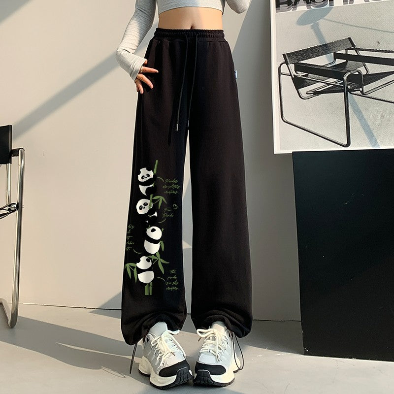 Women panda print sweatpants spring loose wide leg pants sports pants