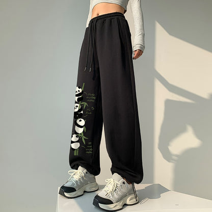 Women panda print sweatpants spring loose wide leg pants sports pants