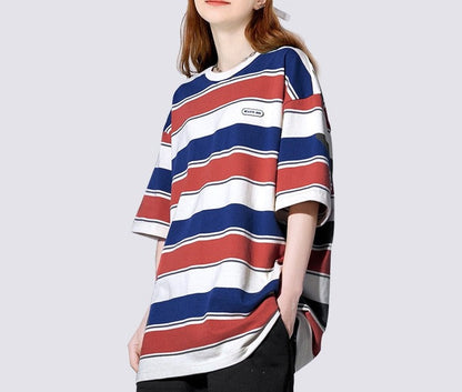 Large version striped short-sleeved T-shirt for women