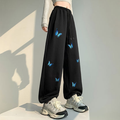 Black butterfly wide-leg pants for women high-waisted trendy sweatpants