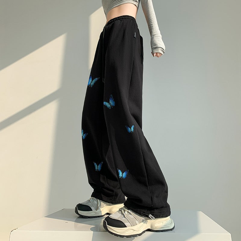 Black butterfly wide-leg pants for women high-waisted trendy sweatpants