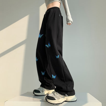 Black butterfly wide-leg pants for women high-waisted trendy sweatpants