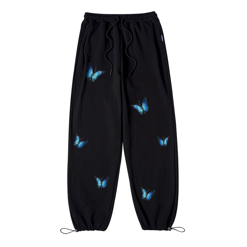 Black butterfly wide-leg pants for women high-waisted trendy sweatpants