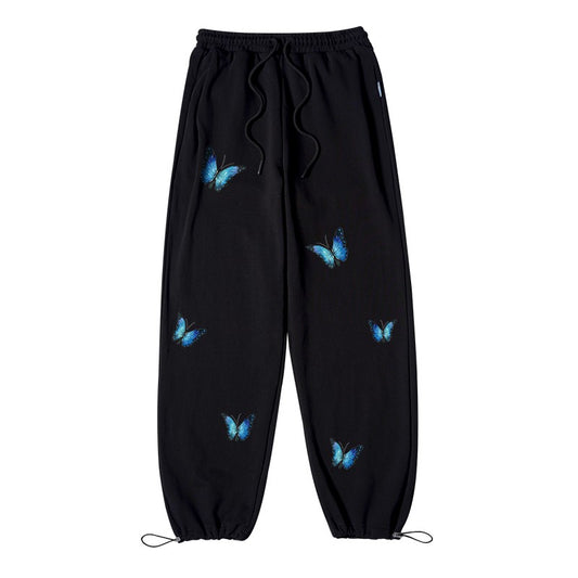 Black butterfly wide-leg pants for women high-waisted trendy sweatpants
