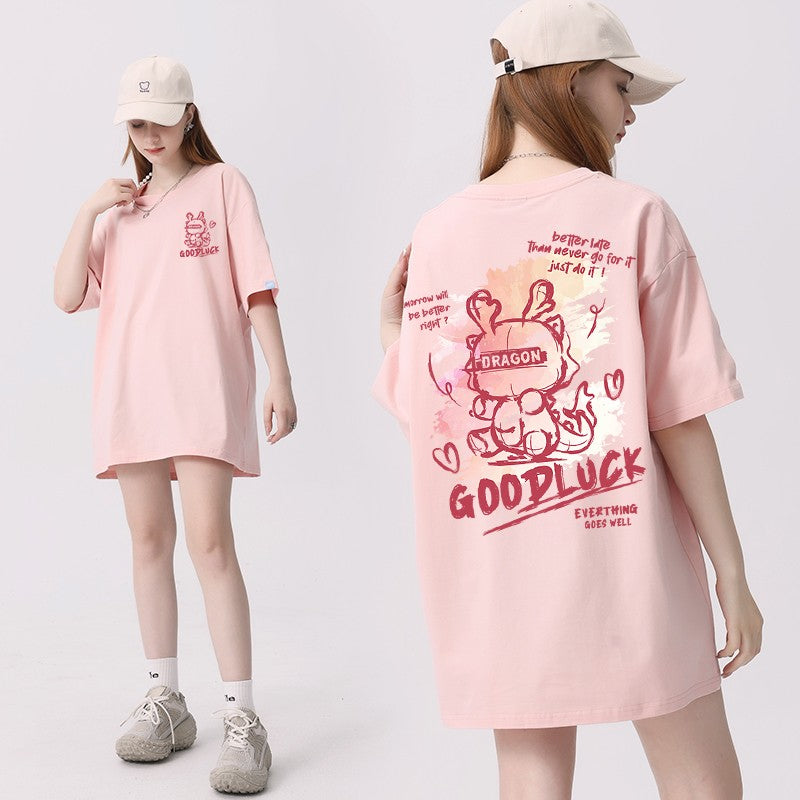 Pink T-shirt dragon pattern women loose