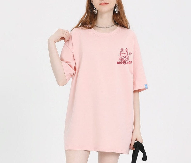 Pink T-shirt dragon pattern women loose