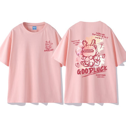 Pink T-shirt dragon pattern women loose