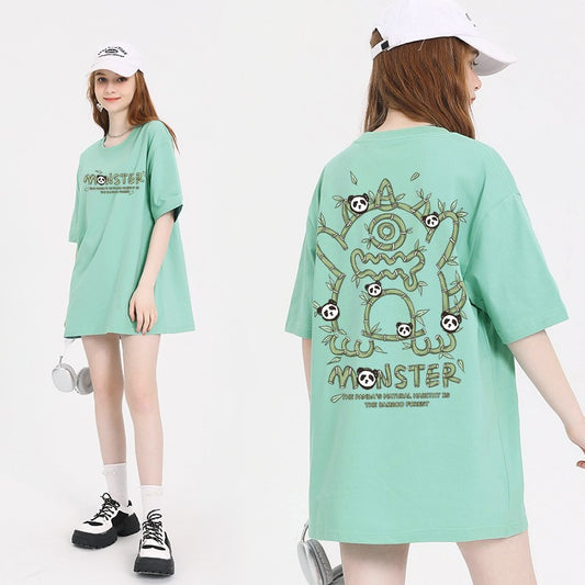 Bear green short-sleeved T-shirt for women couple wear