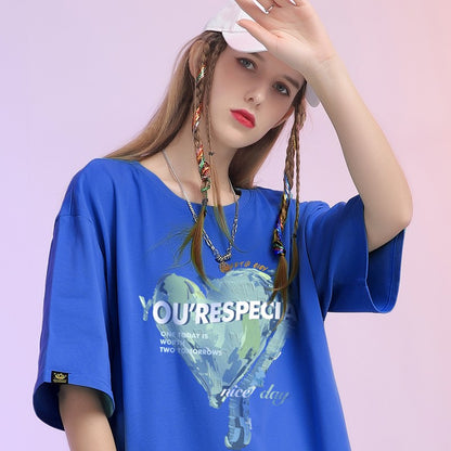 Blue love T-shirt women's original oil painting loose fit