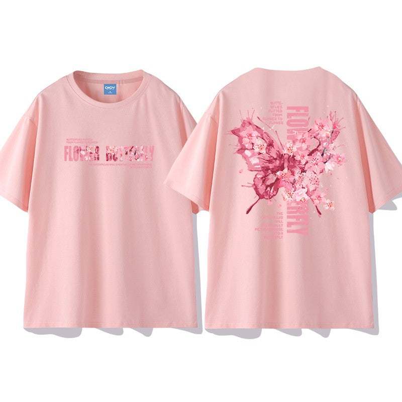 Butterfly print T-shirt women slim top pink