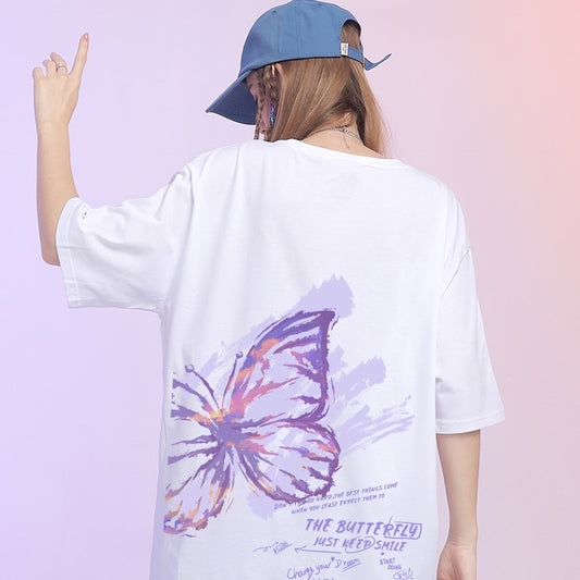 Butterfly T-shirt women's short-sleeved loose printed top half-sleeve