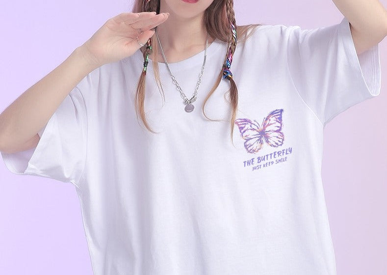 Butterfly T-shirt women's short-sleeved loose printed top half-sleeve