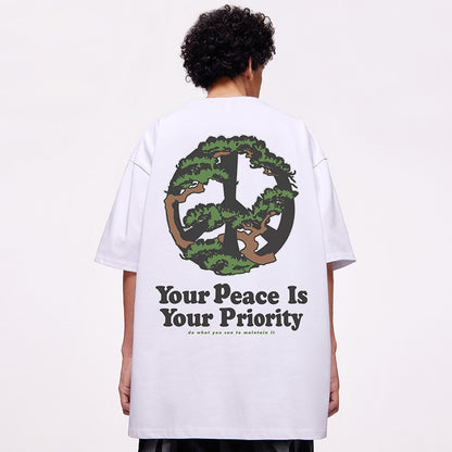 Peace graphic print Heavy  loose large size T-shirt couple wear