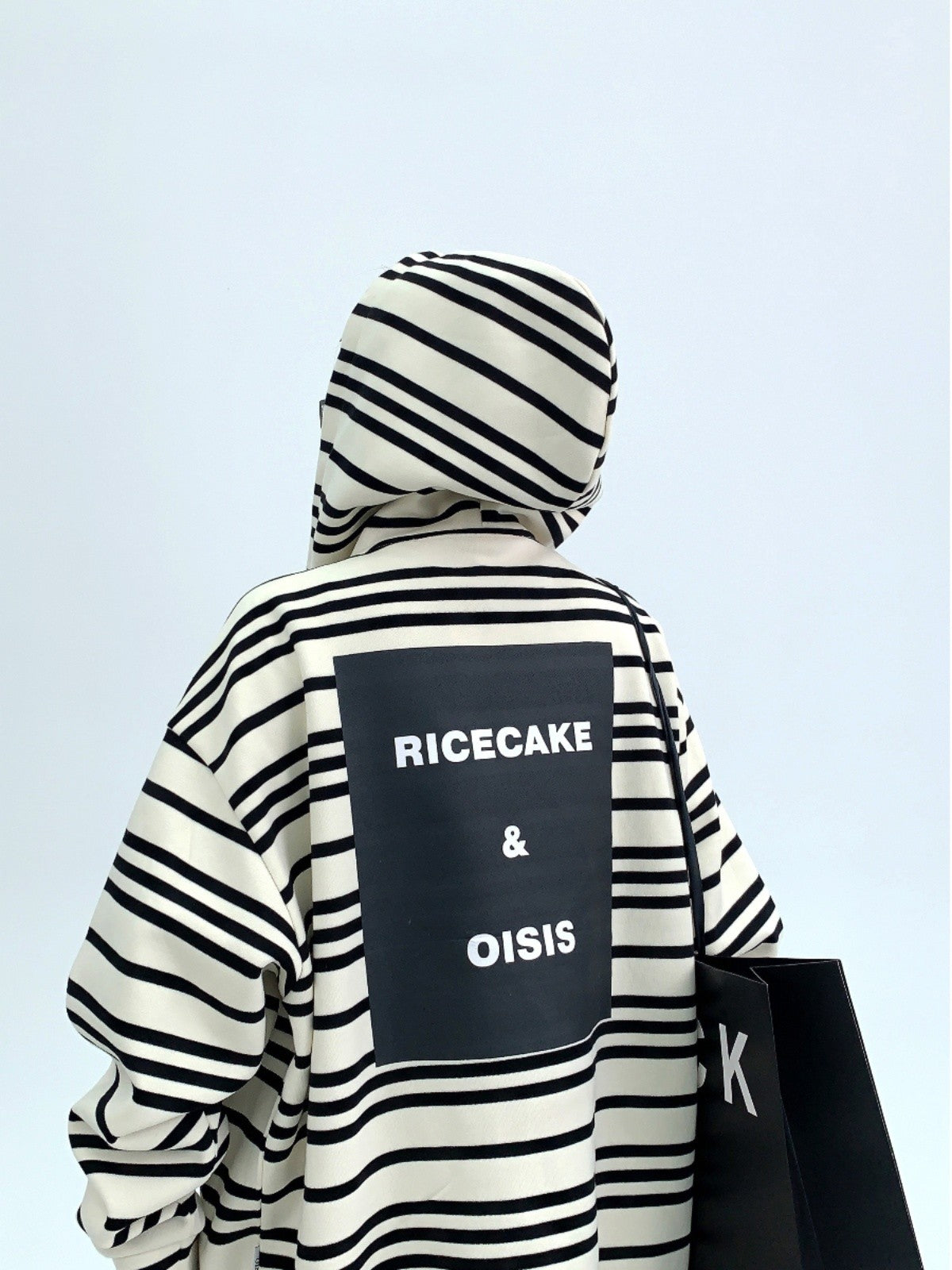 Rice cake loose vintage striped embroidery hooded sweater jacket