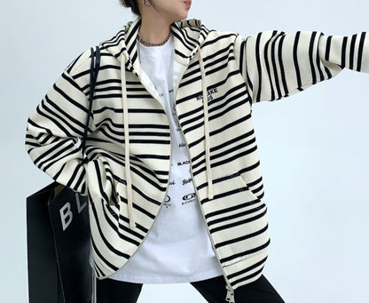 Rice cake loose vintage striped embroidery hooded sweater jacket