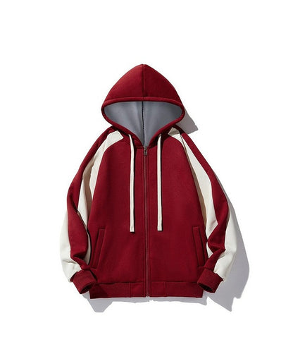 Red retro unisex color splicing cardigan hooded sweatshirt jackets