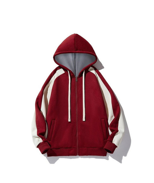 Red retro unisex color splicing cardigan hooded sweatshirt jackets