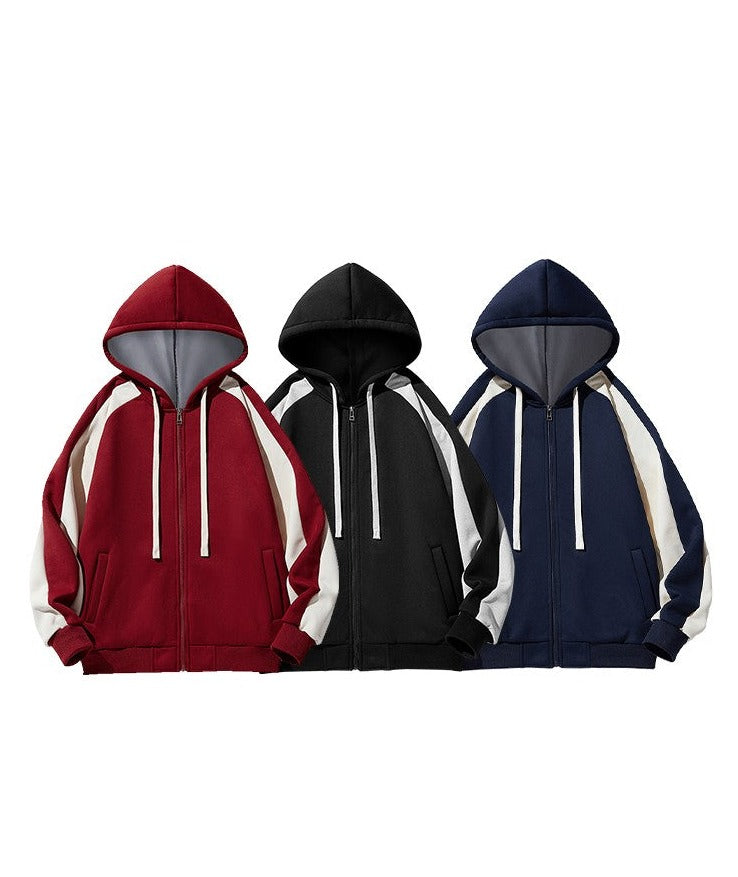 Red retro unisex color splicing cardigan hooded sweatshirt jackets