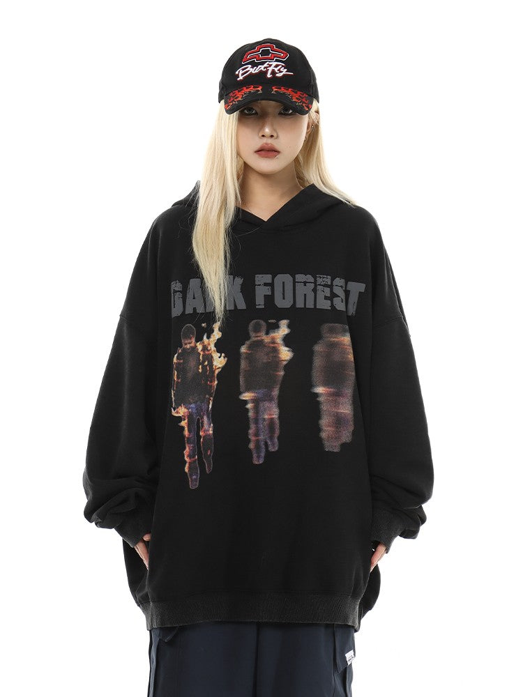 Flame portrait print hooded sweatshirt washed men's and women's hoodies