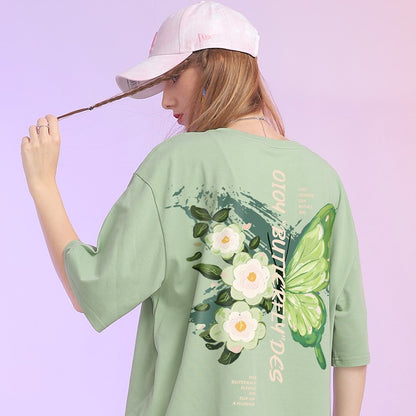 Avocado green t-shirt women's butterfly print vintage tee