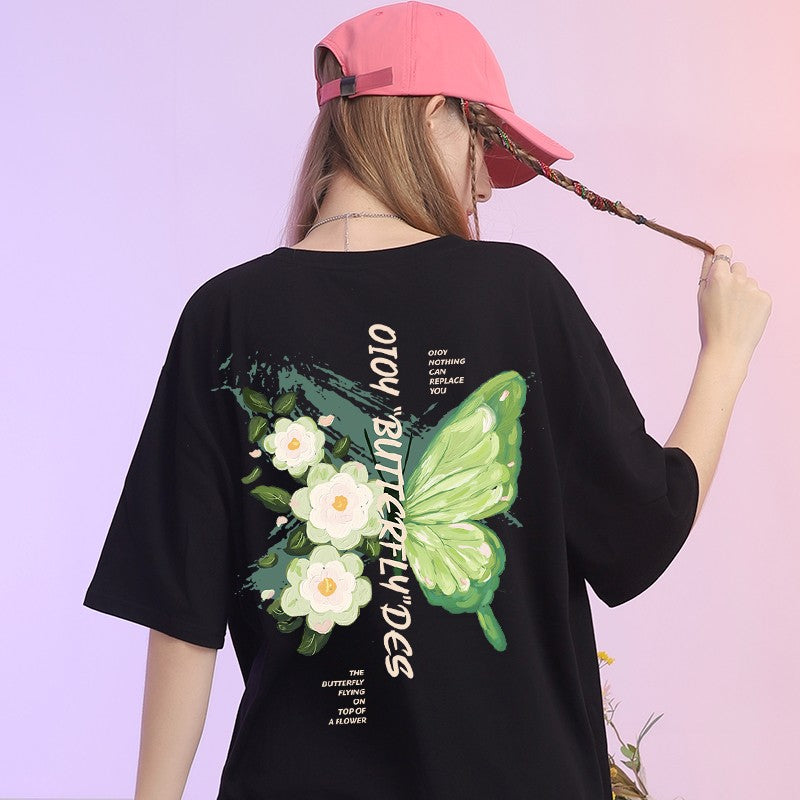 Avocado green t-shirt women's butterfly print vintage tee