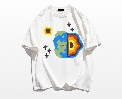 T-shirts pure cotton men's summer creative earth print couple wear