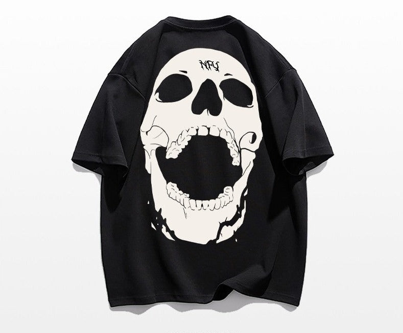 Street skull letter printed short-sleeved cotton T-shirt unisex top