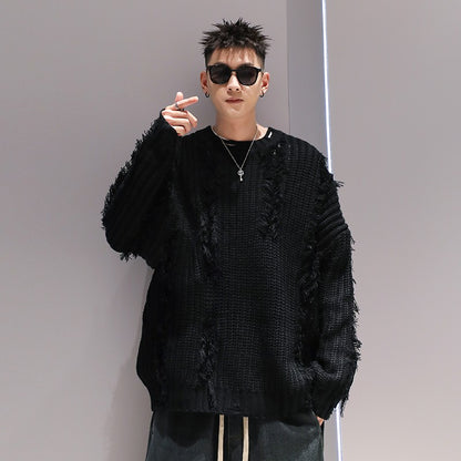 Sweater men skilled hole tassel thick twist loose casual sweater