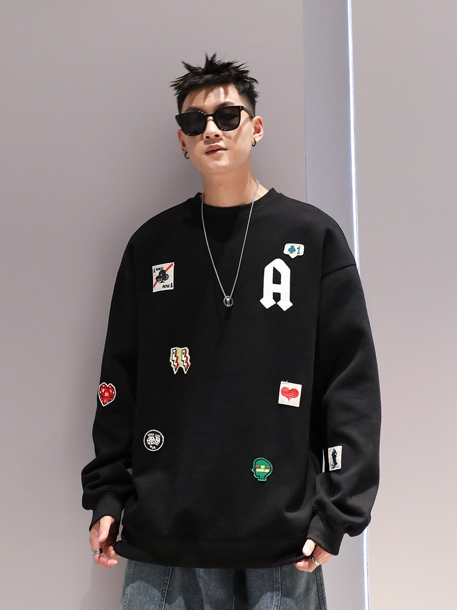 Sweatshirt patch embroidered round neck couple casual trend