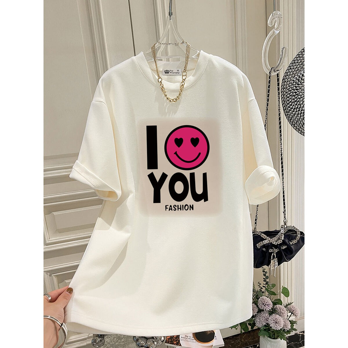 I love you T-shirt for women oversize summer letters mid-length top