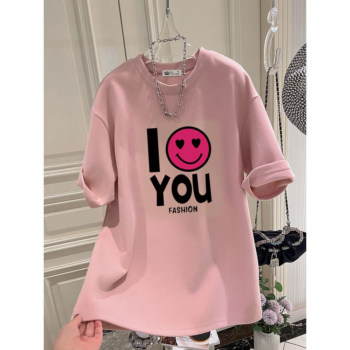 I love you T-shirt for women oversize summer letters mid-length top