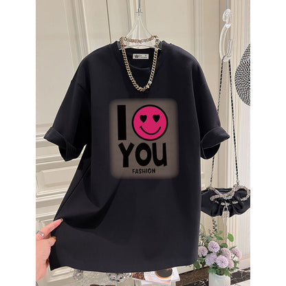 I love you T-shirt for women oversize summer letters mid-length top