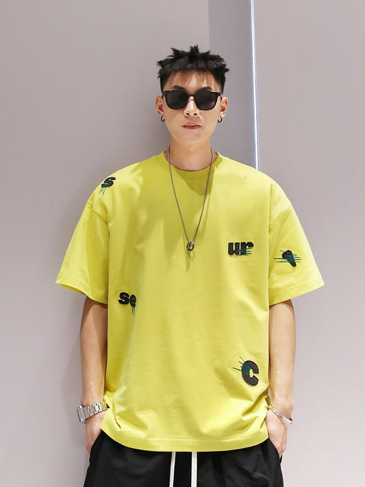 Yellow T-shirt summer men's pure cotton embroidery simple unisex top