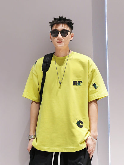 Yellow T-shirt summer men's pure cotton embroidery simple unisex top