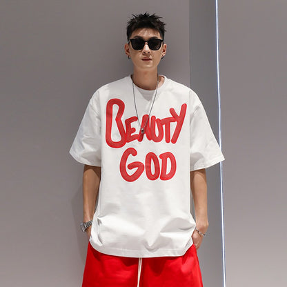 White letter oversize printing heavy cotton short-sleeved men's T-shirt