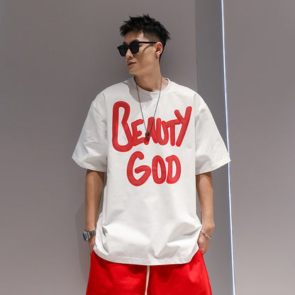 White letter oversize printing heavy cotton short-sleeved men's T-shirt