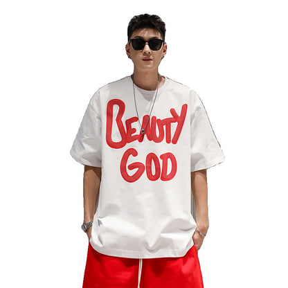 White letter oversize printing heavy cotton short-sleeved men's T-shirt