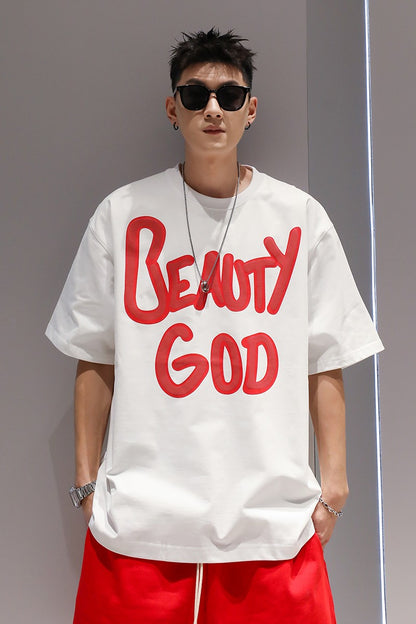 White letter oversize printing heavy cotton short-sleeved men's T-shirt