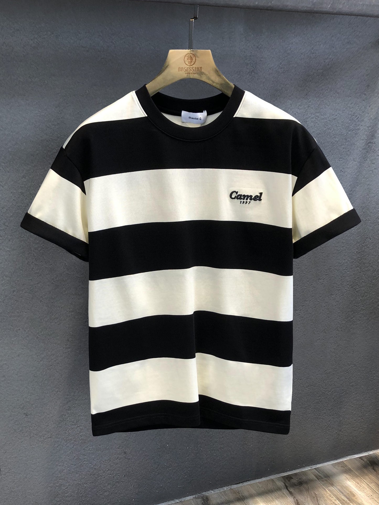 T-shirt black apricot wide grid thick stripe men's clothing