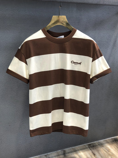 T-shirt black apricot wide grid thick stripe men's clothing