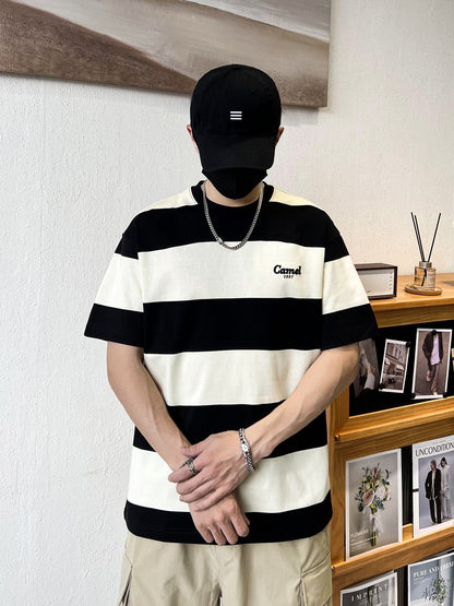 T-shirt black apricot wide grid thick stripe men's clothing