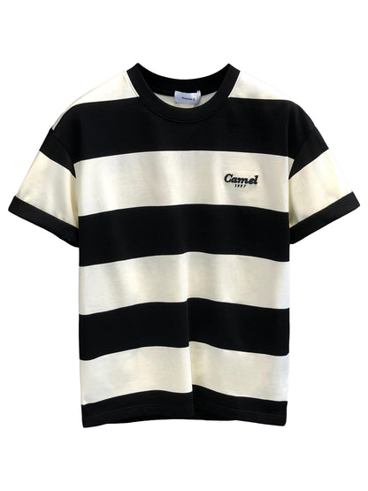 T-shirt black apricot wide grid thick stripe men's clothing