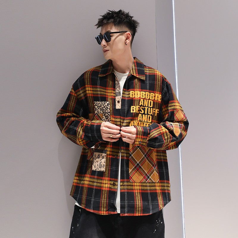 Shirt yellow botton up plaid splicing long-sleeved men's shirt jacket