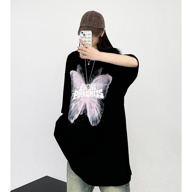 Street unisex couple over t-shirt butterfly print 240g pure cotton